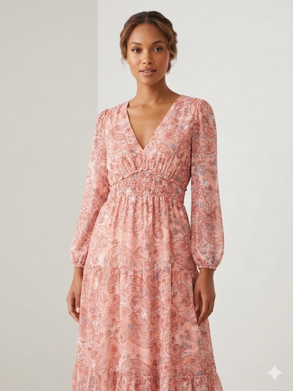Rachel Zoe Coral Paisley Floral V-Neck Maxi Dress Size Small, Long Sleeve Ruffle